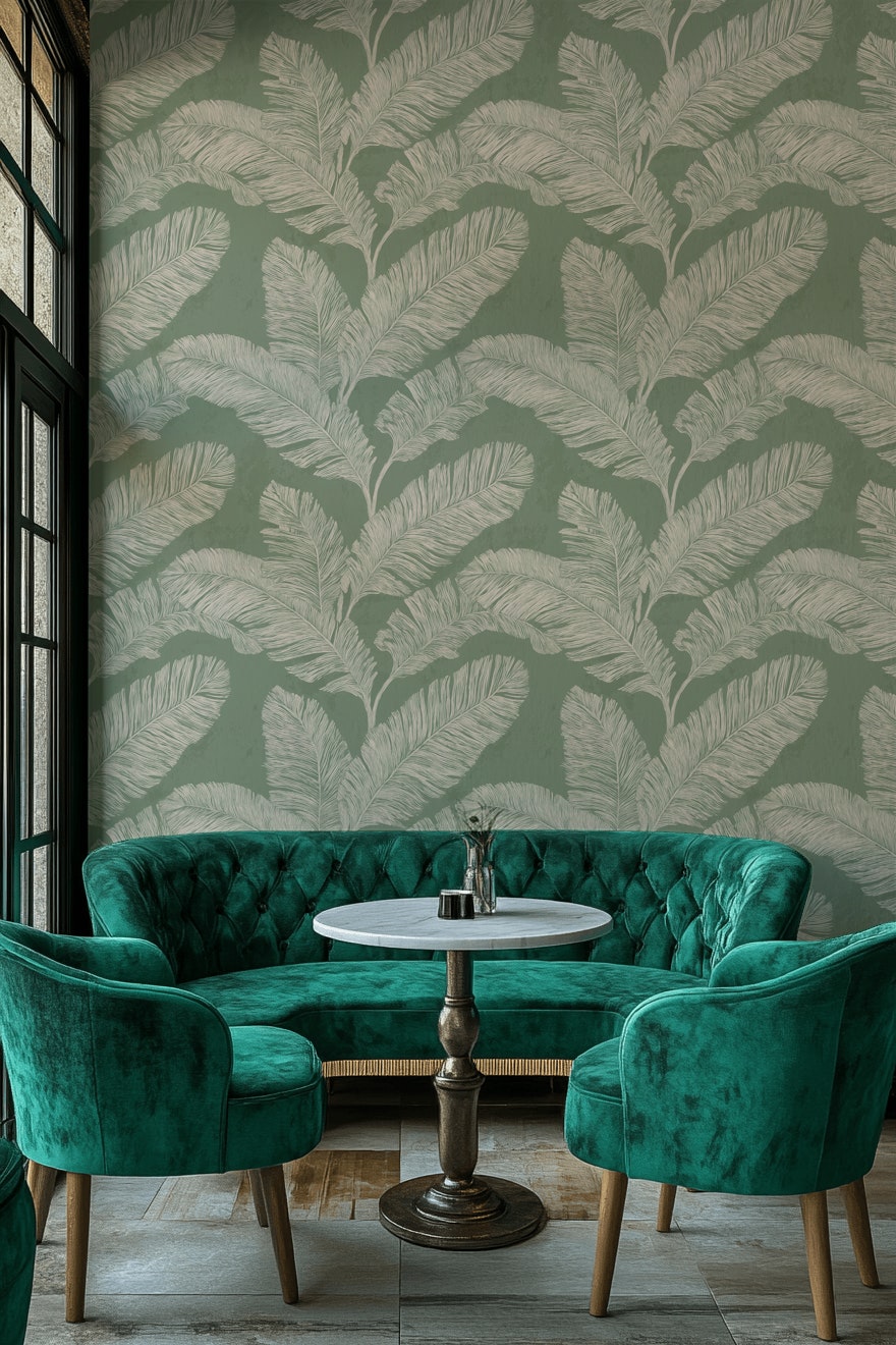 Muted Green Wallpaper Natural Leaf Decorative Mural