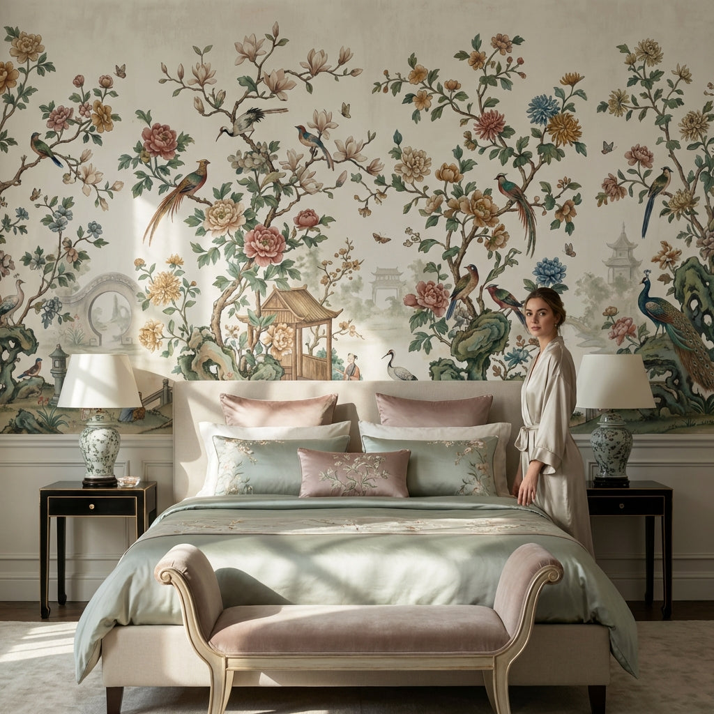 Chinoiserie Toile Wallpaper Floral Birds Wall Mural