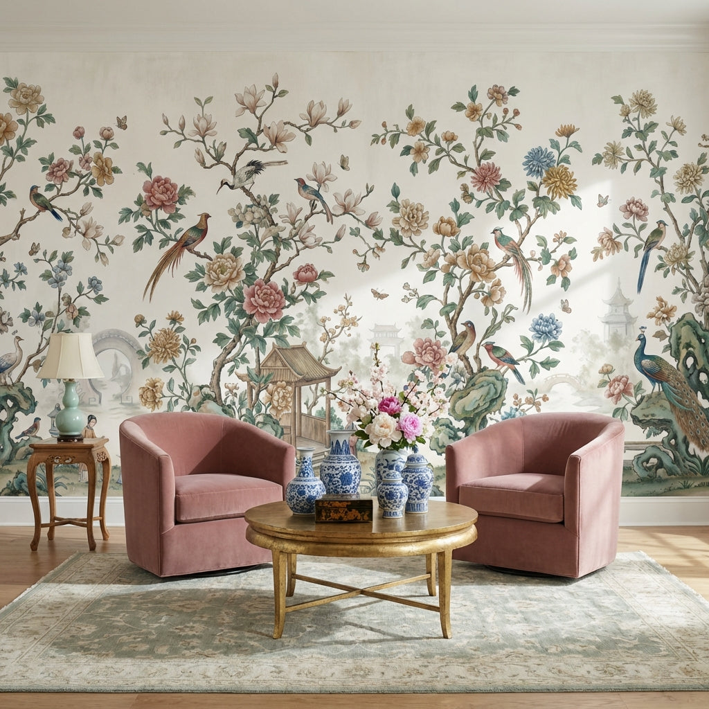 Chinoiserie Toile Wallpaper Floral Birds Wall Mural