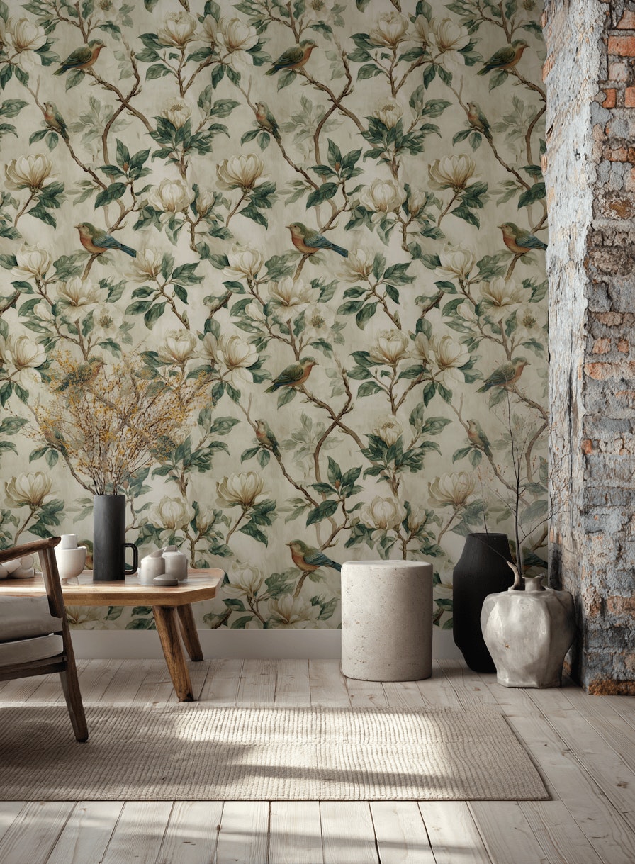Floral Wallpaper Birds Removable Vintage Wall Double Roll
