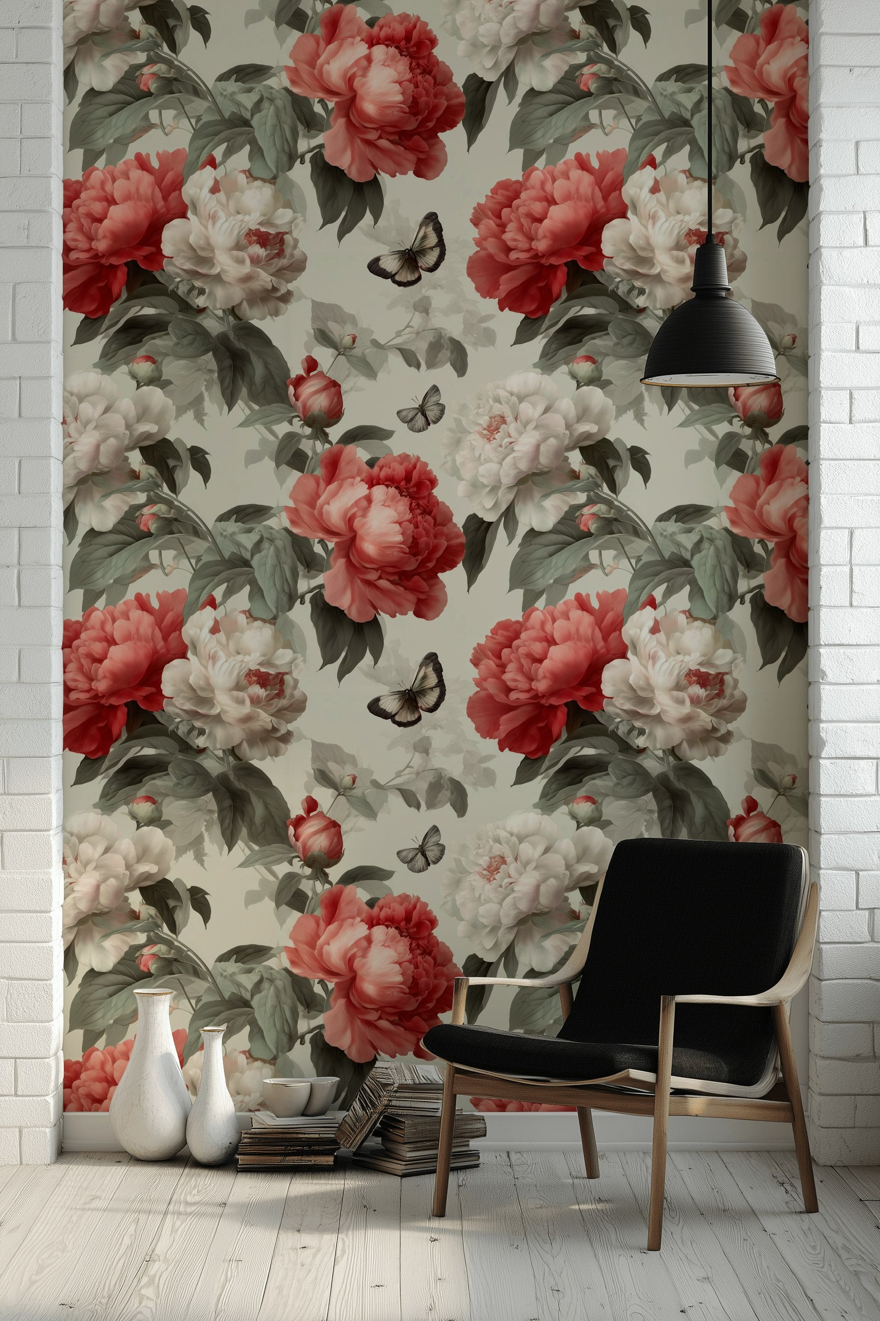 Floral Wallpaper Peonies Removable Butterflies Wall Double Roll