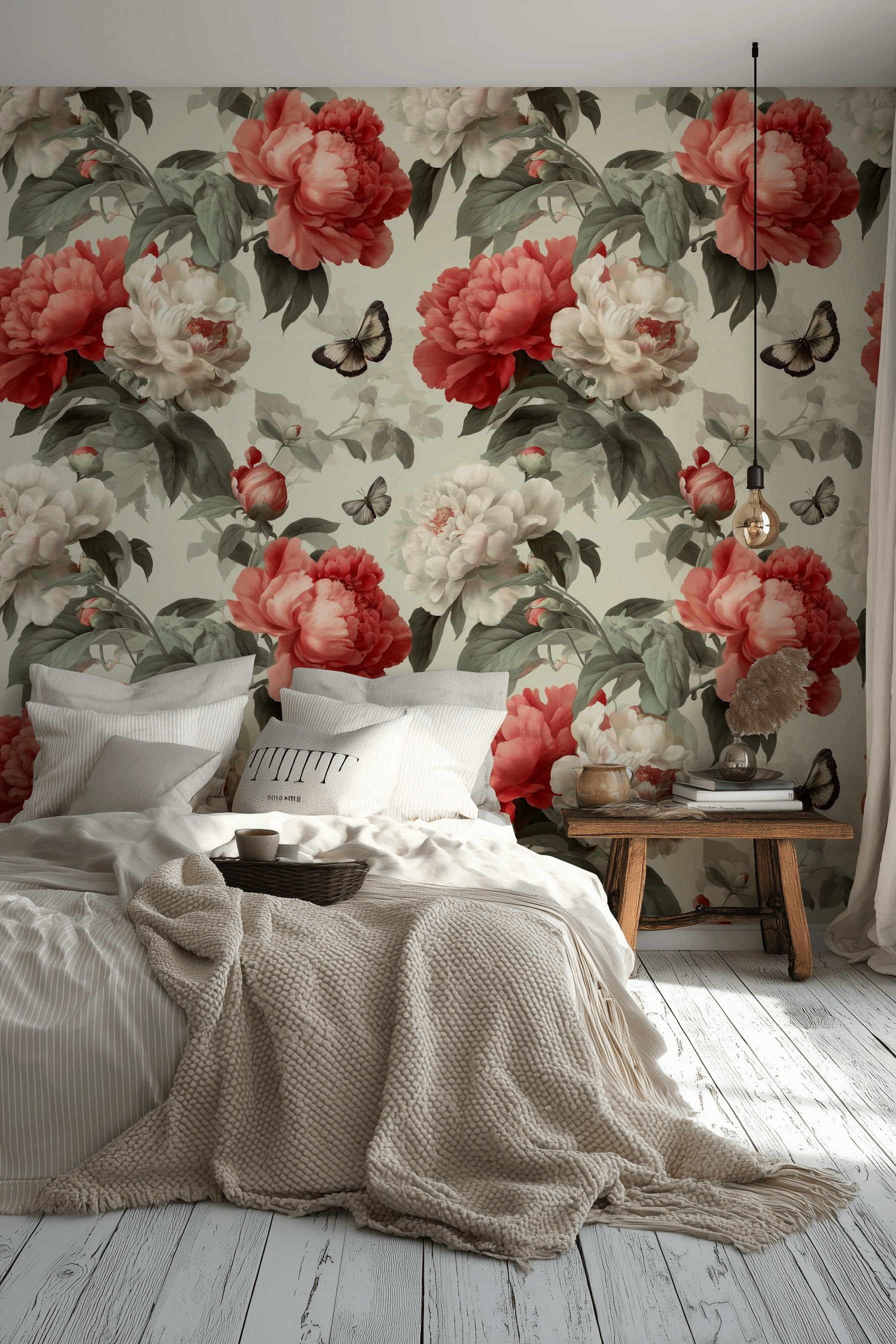 Floral Wallpaper Peonies Removable Butterflies Wall Double Roll