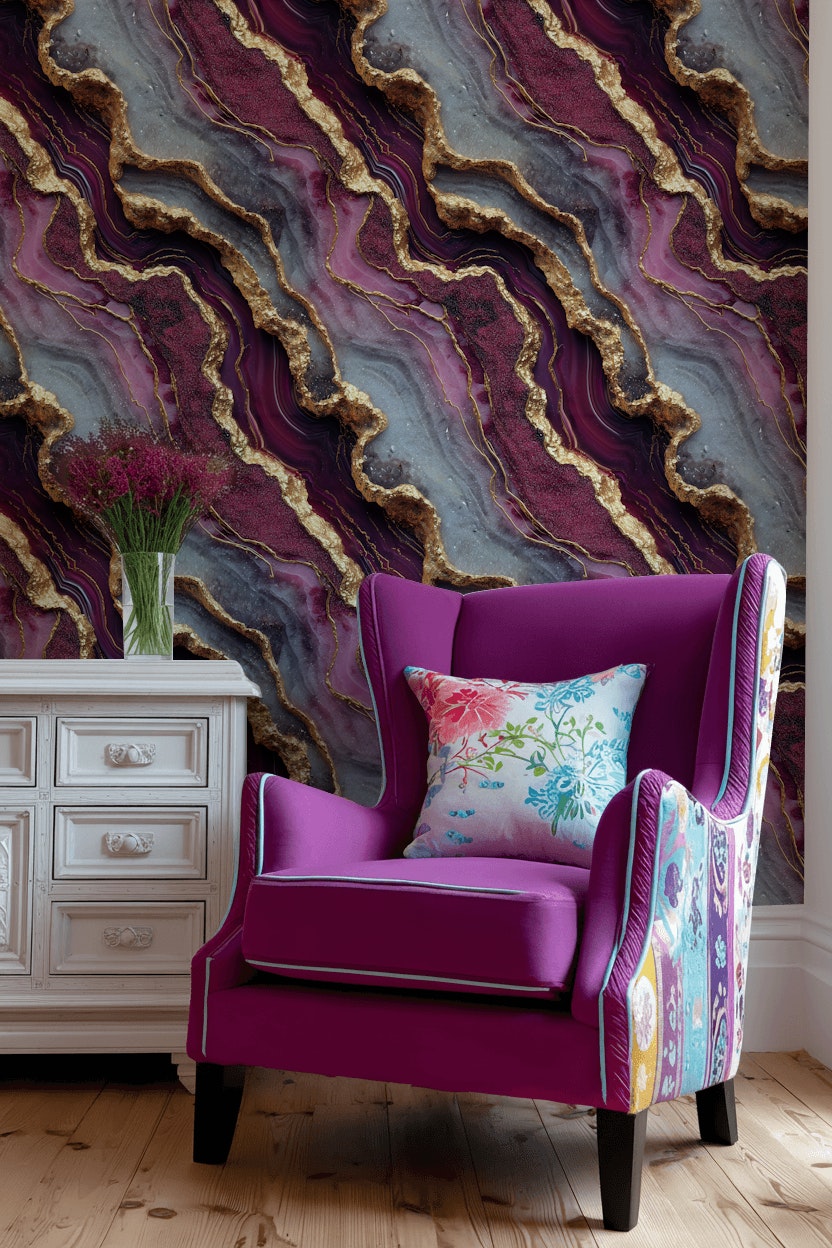 Marble Wallpaper Purple Golden Look Removable Wall Decor