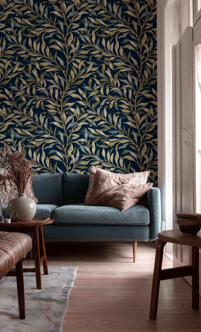 Navy Leaves Wallpaper Golden Look Removable Floral Wall Mural