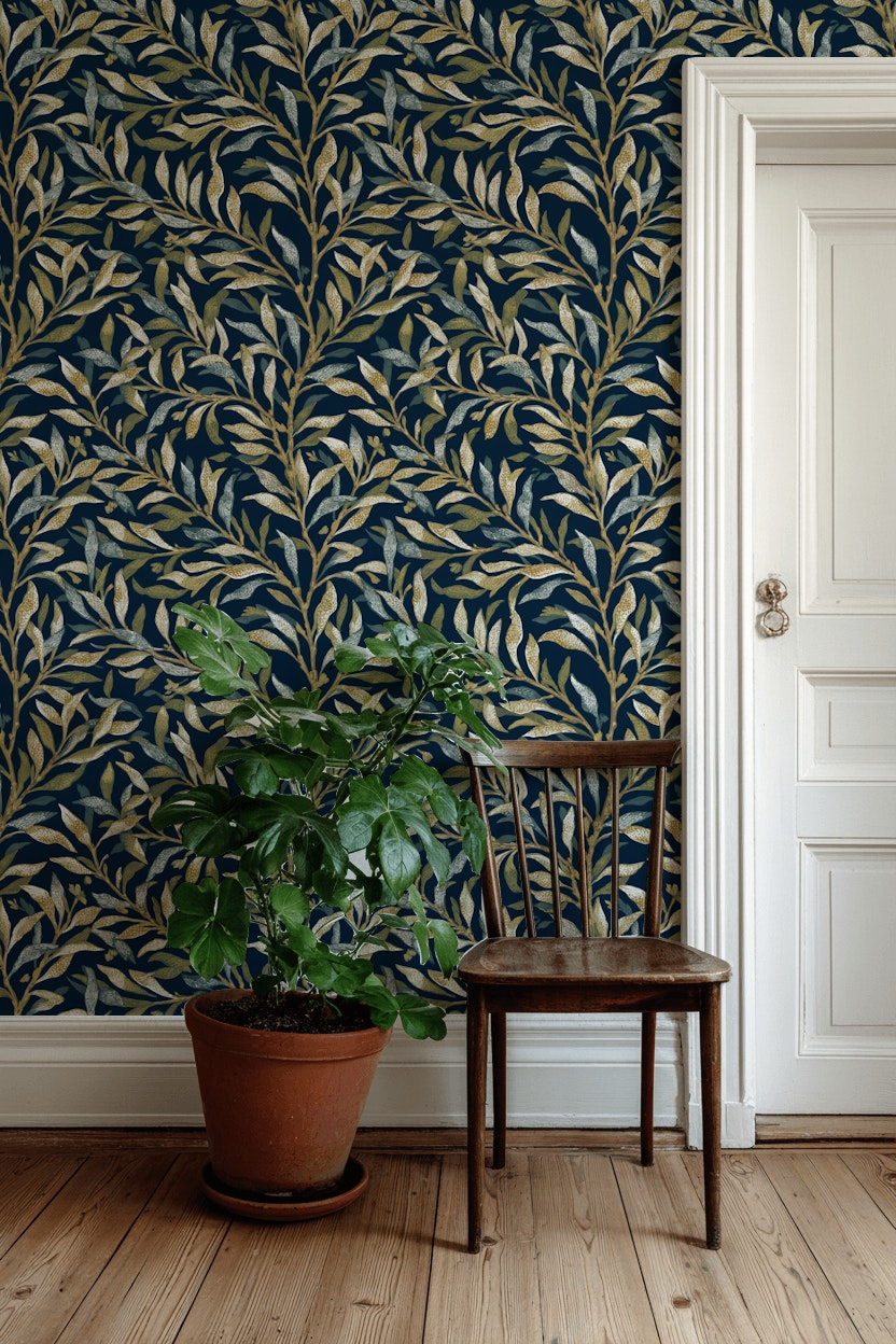 Navy Leaves Wallpaper Golden Look Removable Floral Wall Mural