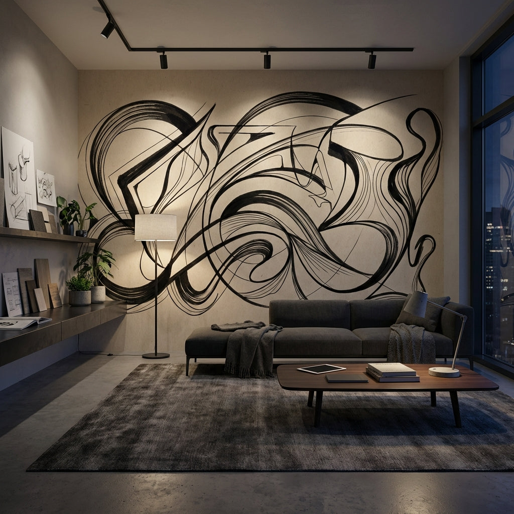 Abstract Wallpaper Black Lines Minimalist Wall Mural