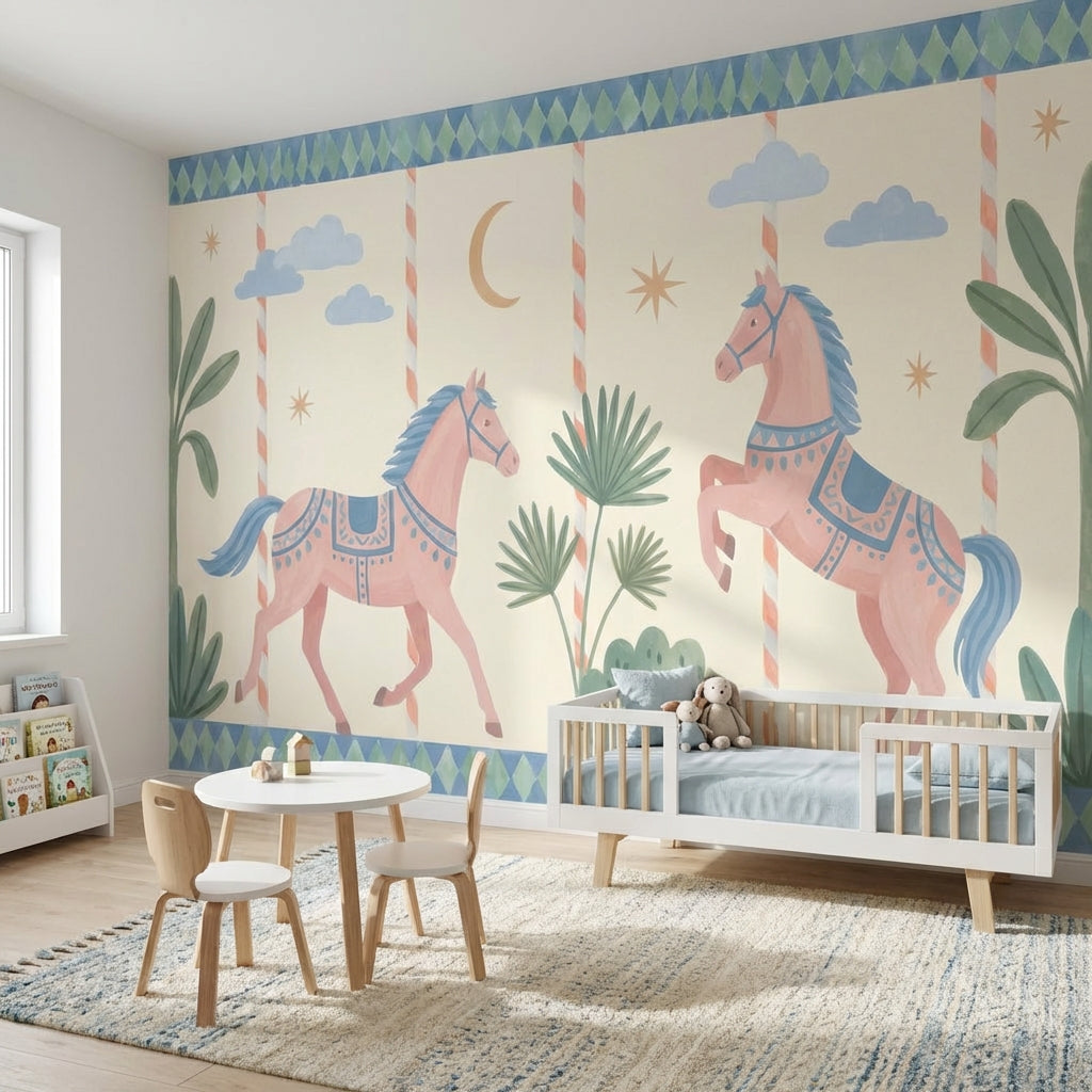 Whimsical Horses Wallpaper Pastel Geometric Removable Wall Decor