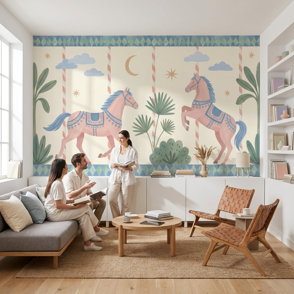 Whimsical Horses Wallpaper Pastel Geometric Removable Wall Decor