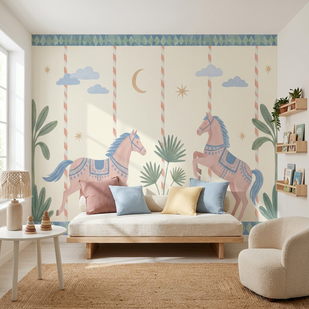 Whimsical Horses Wallpaper Pastel Geometric Removable Wall Decor