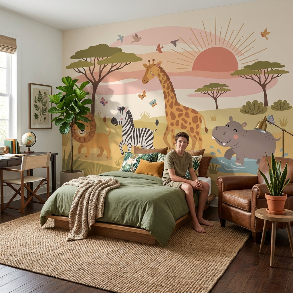 Safari Cartoon Wallpaper Nature Animals Wall Mural