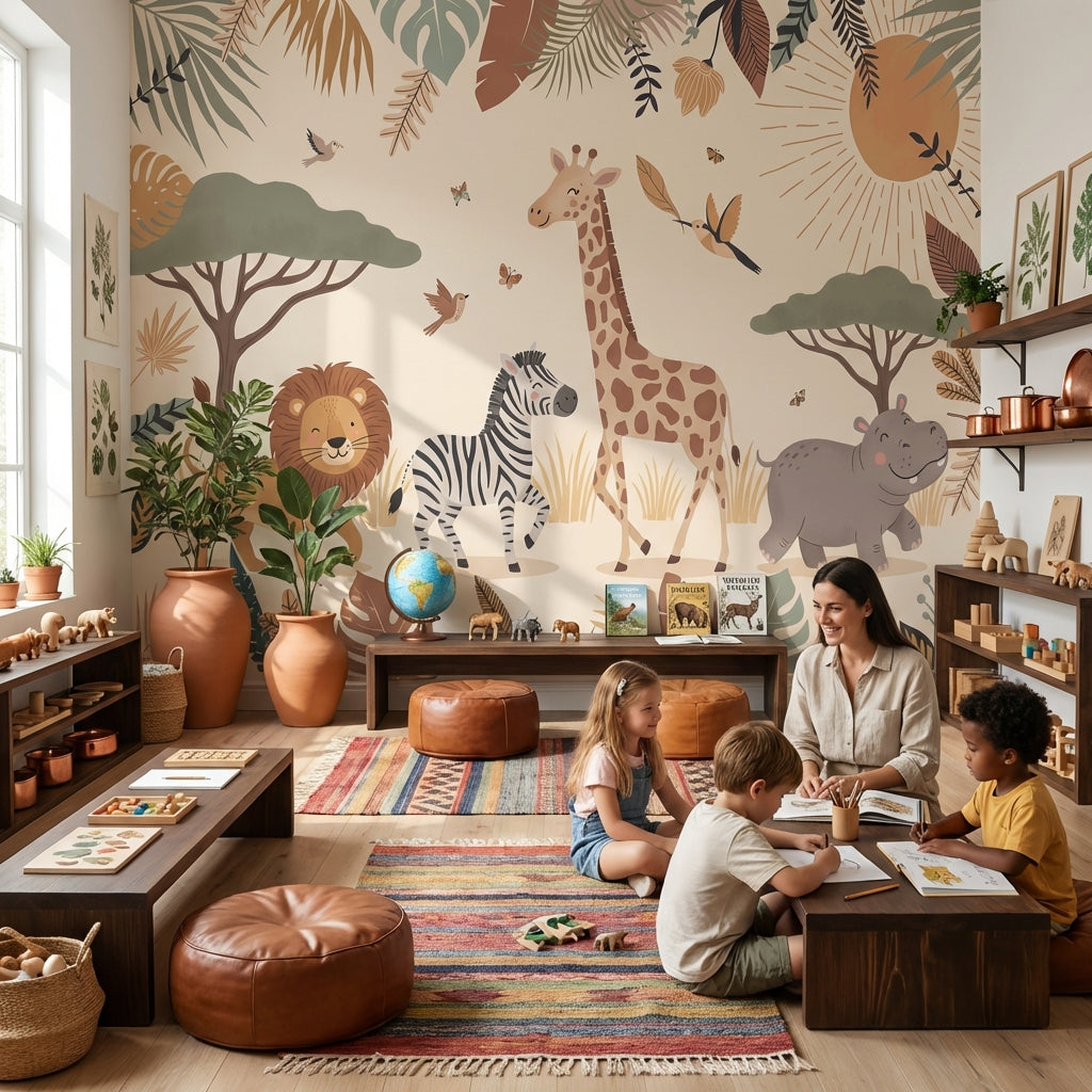 Safari Animals Wallpaper Tropical Cartoon Wall Mural