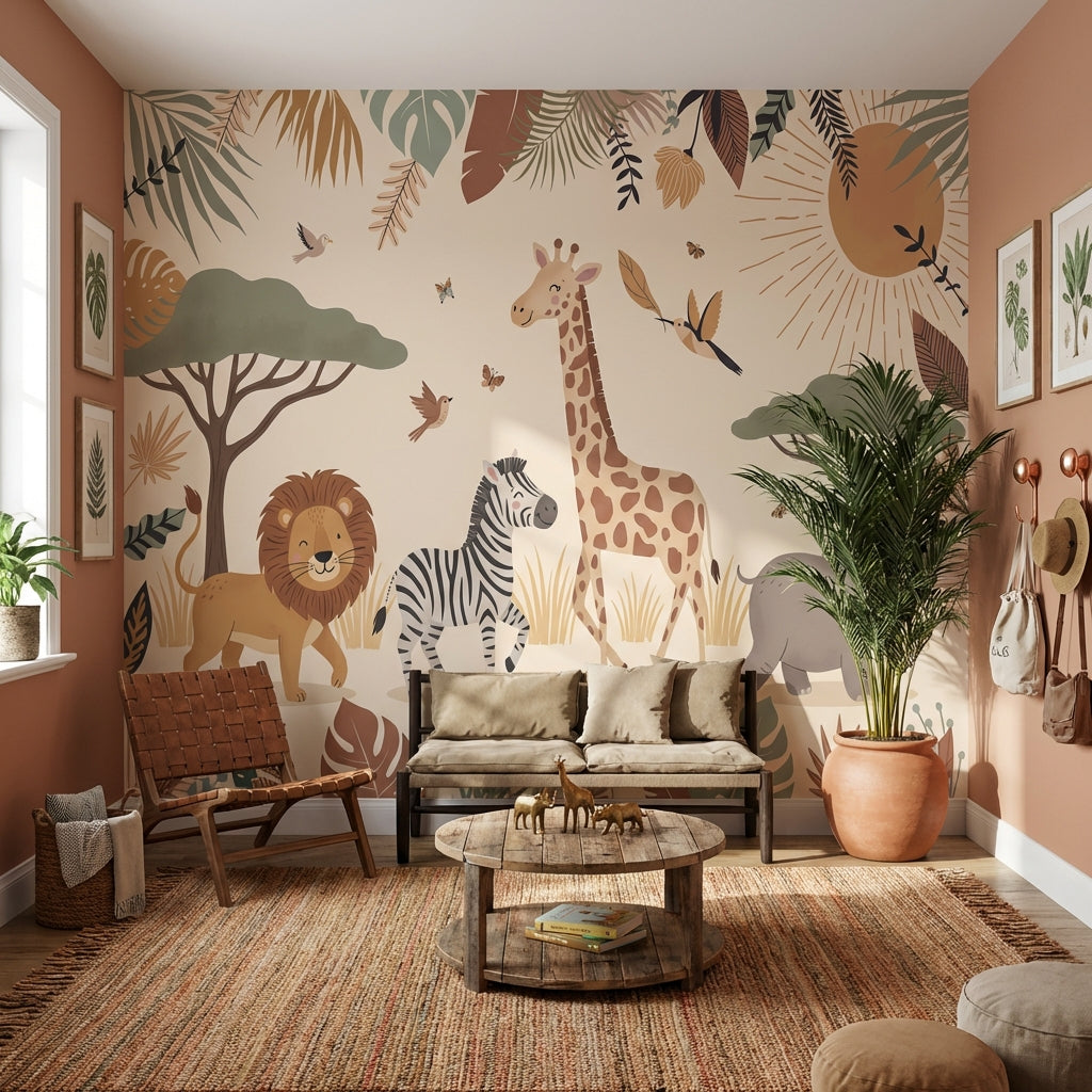 Safari Animals Wallpaper Tropical Cartoon Wall Mural
