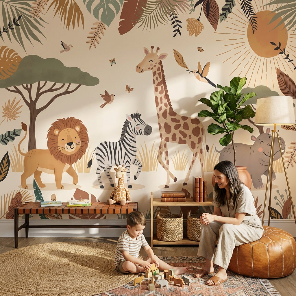 Safari Animals Wallpaper Tropical Cartoon Wall Mural
