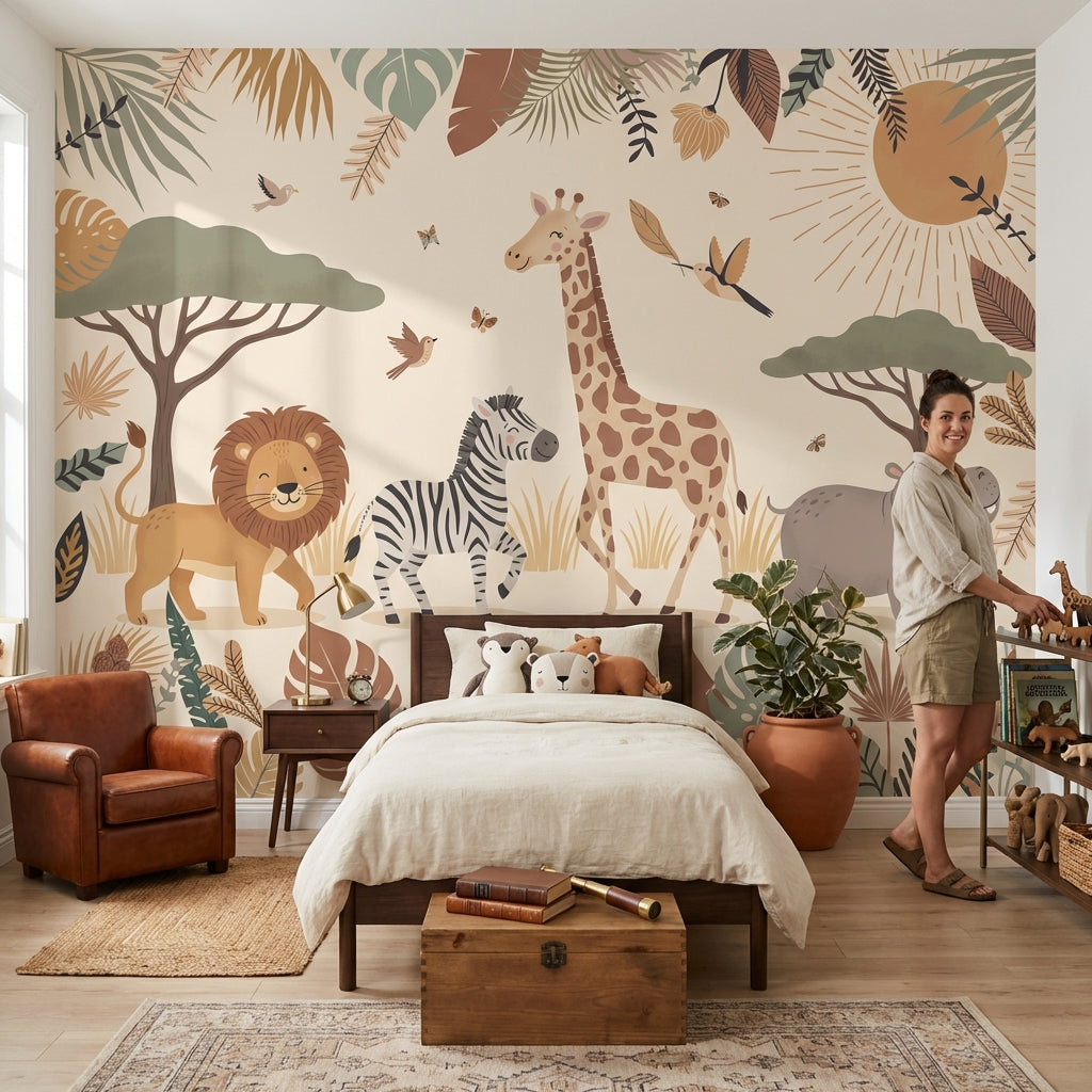 Safari Animals Wallpaper Tropical Cartoon Wall Mural
