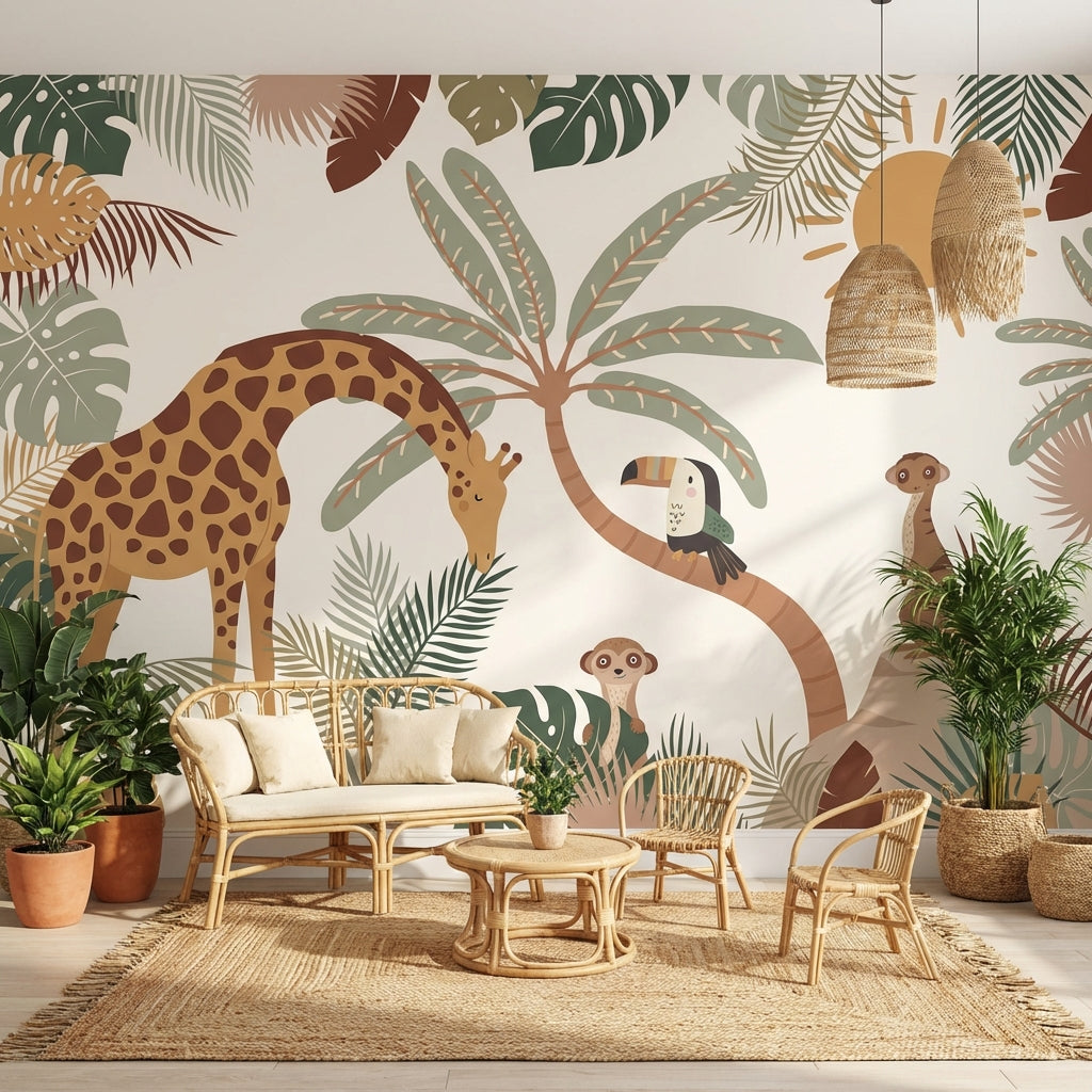 Tropical Wallpaper Giraffe Toucan Wall Mural