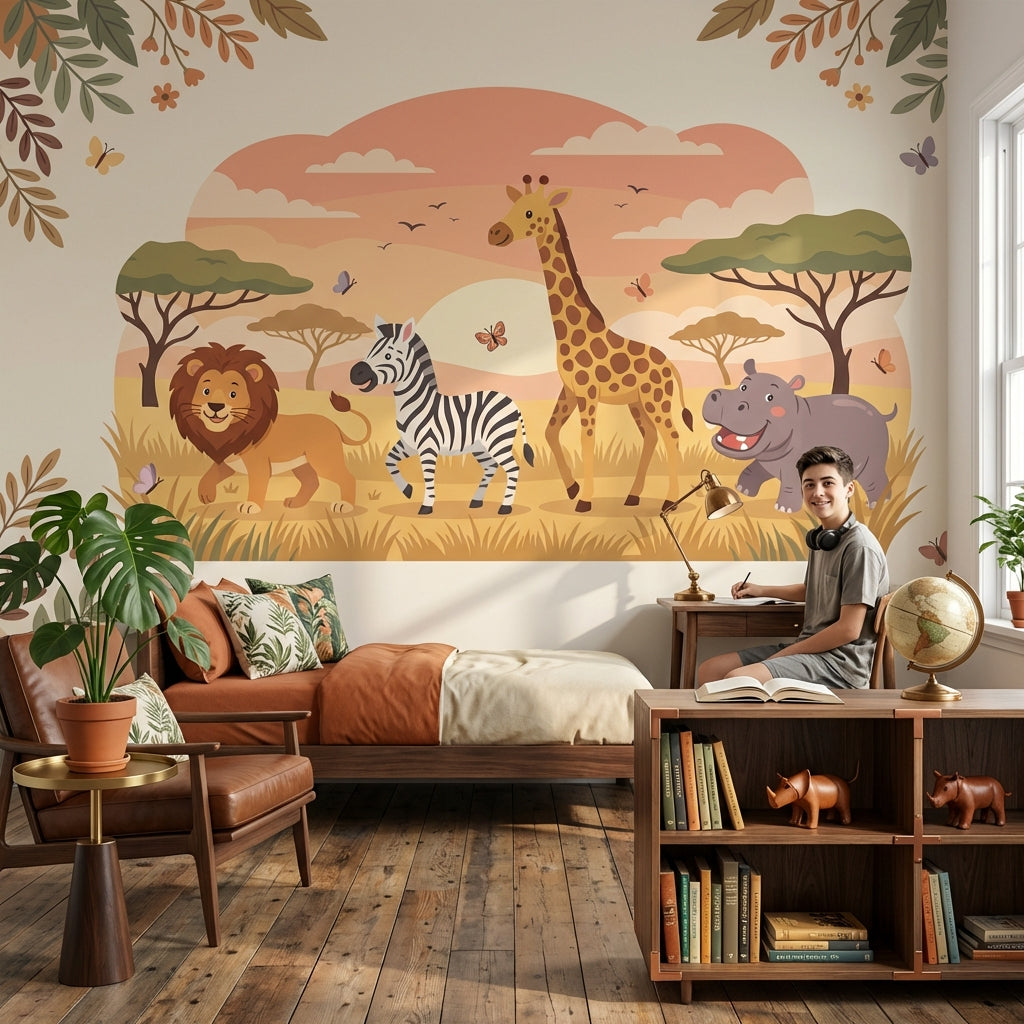 Safari Animals Wallpaper Cartoon Sunset Wall Mural