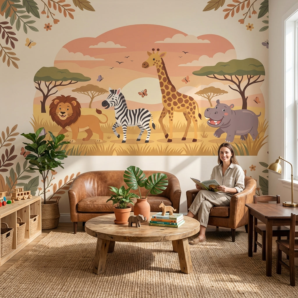 Safari Animals Wallpaper Cartoon Sunset Wall Mural