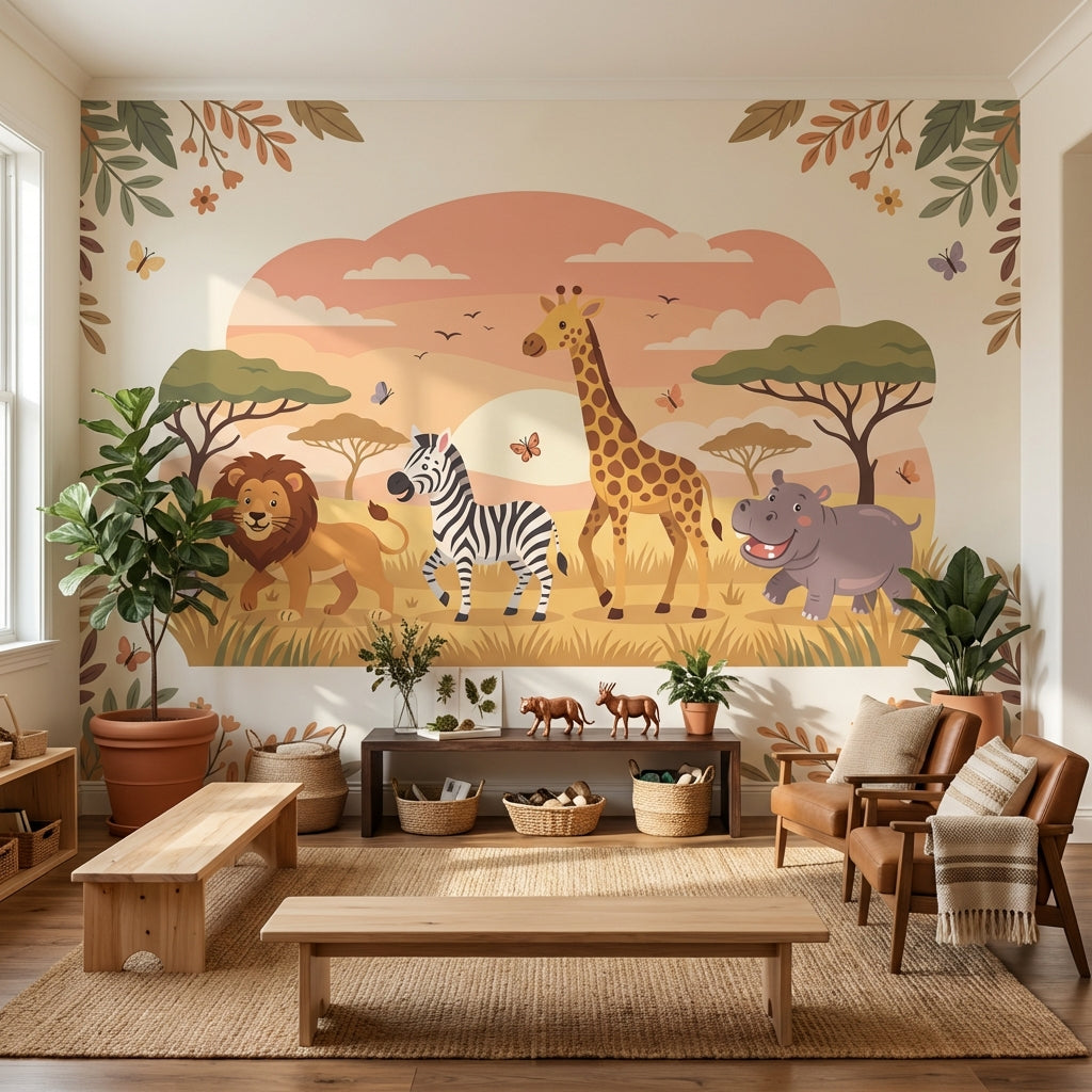 Safari Animals Wallpaper Cartoon Sunset Wall Mural
