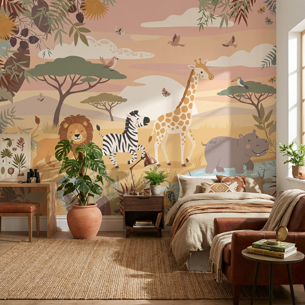 Safari Animals Wallpaper Playful Cartoon Wall Mural