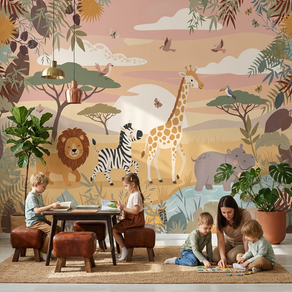 Safari Animals Wallpaper Playful Cartoon Wall Mural