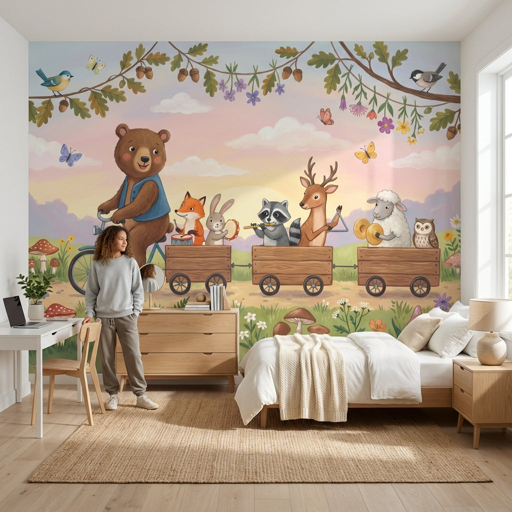 Whimsical Animals Wallpaper Bicycle Forest Wall Decor