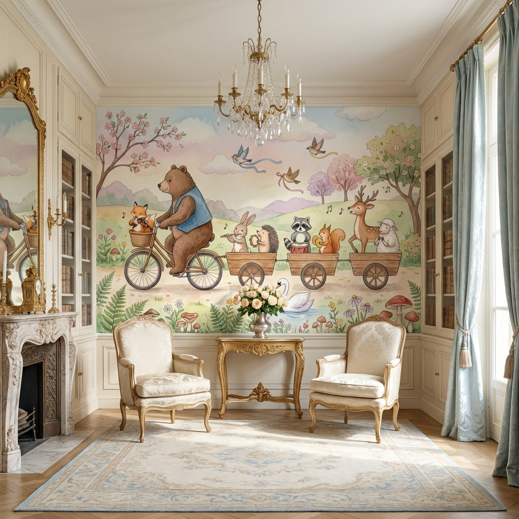 Whimsical Animals Wallpaper Bicycle Pastel Wall Mural