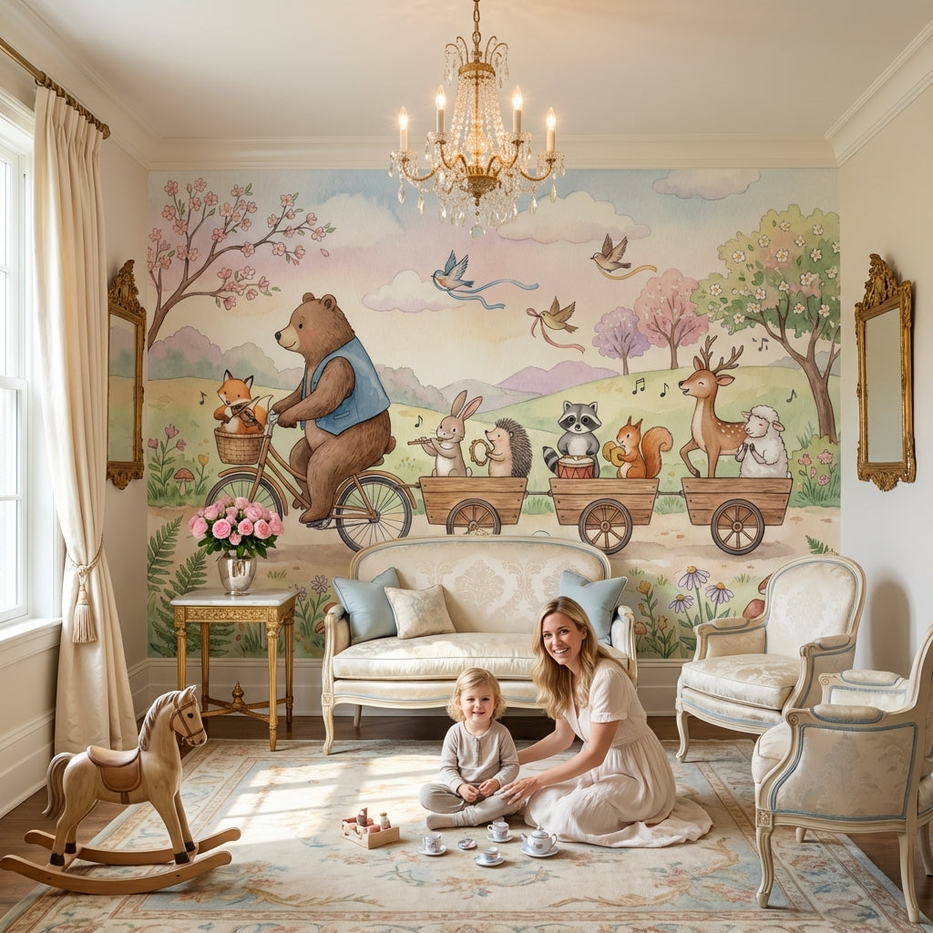 Whimsical Animals Wallpaper Bicycle Pastel Wall Mural