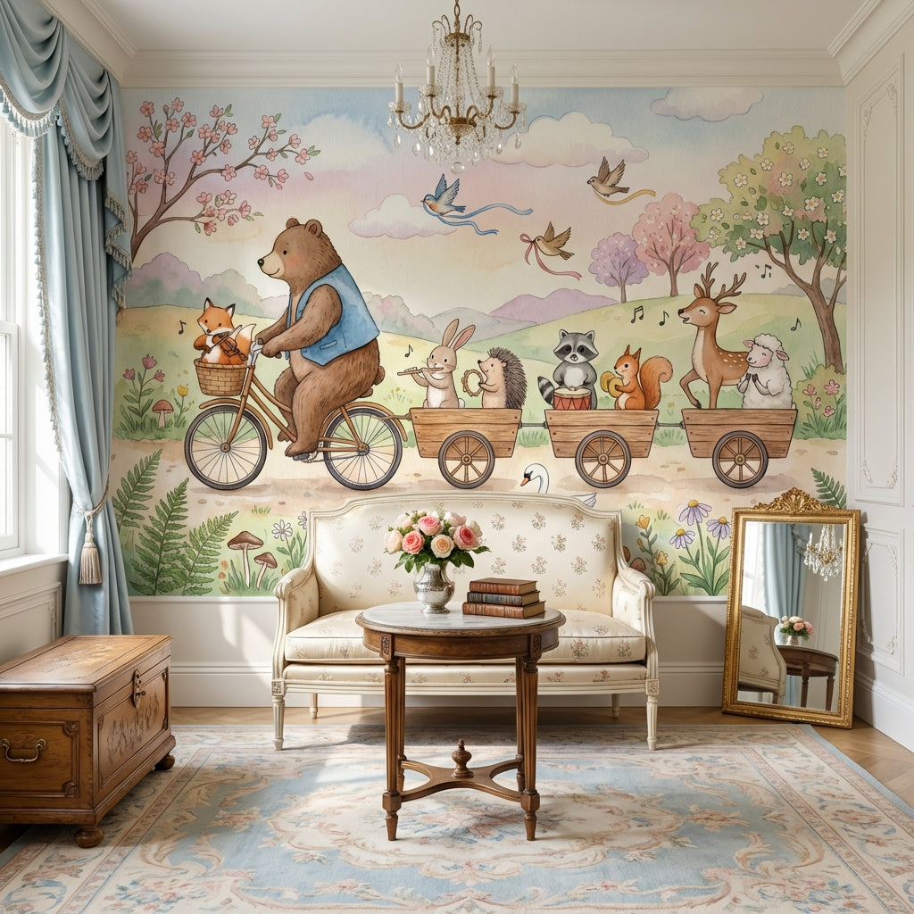 Whimsical Animals Wallpaper Bicycle Pastel Wall Mural