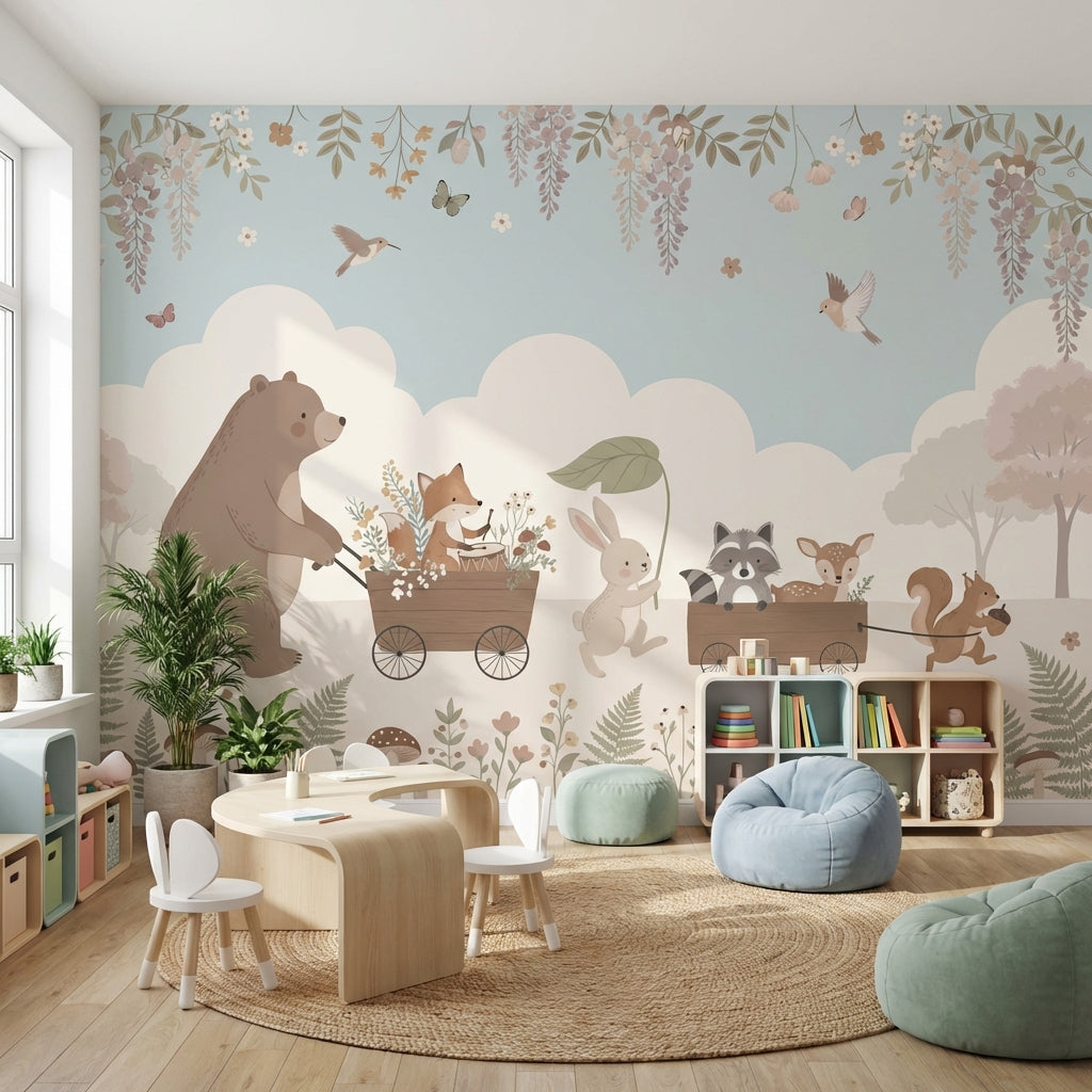 Whimsical Animals Wallpaper Pastel Nature Wall Mural