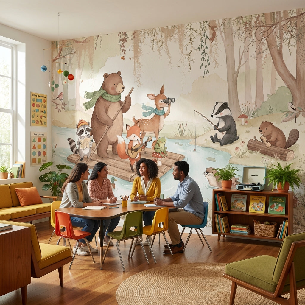 Whimsical Forest Wallpaper Animals River Wall Mural