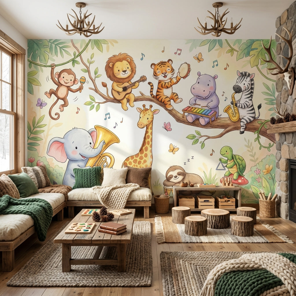 Cartoon Animals Wallpaper Forest Playful Removable Wall Decor