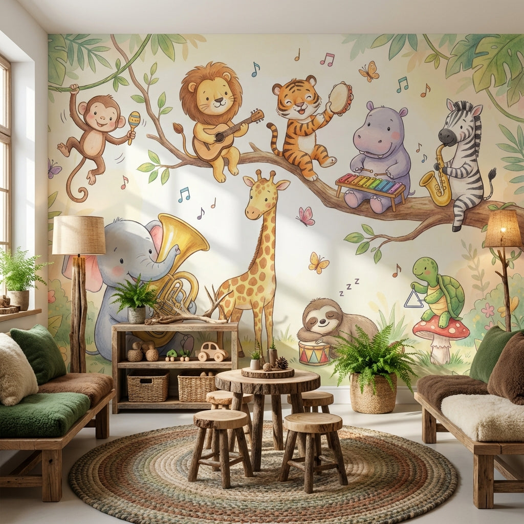 Cartoon Animals Wallpaper Forest Playful Removable Wall Decor