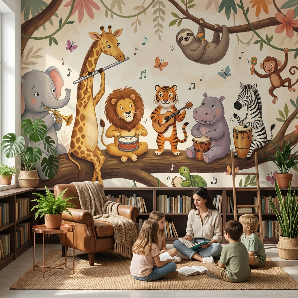 Colorful Animals Wallpaper Jungle Music Wall Decor
