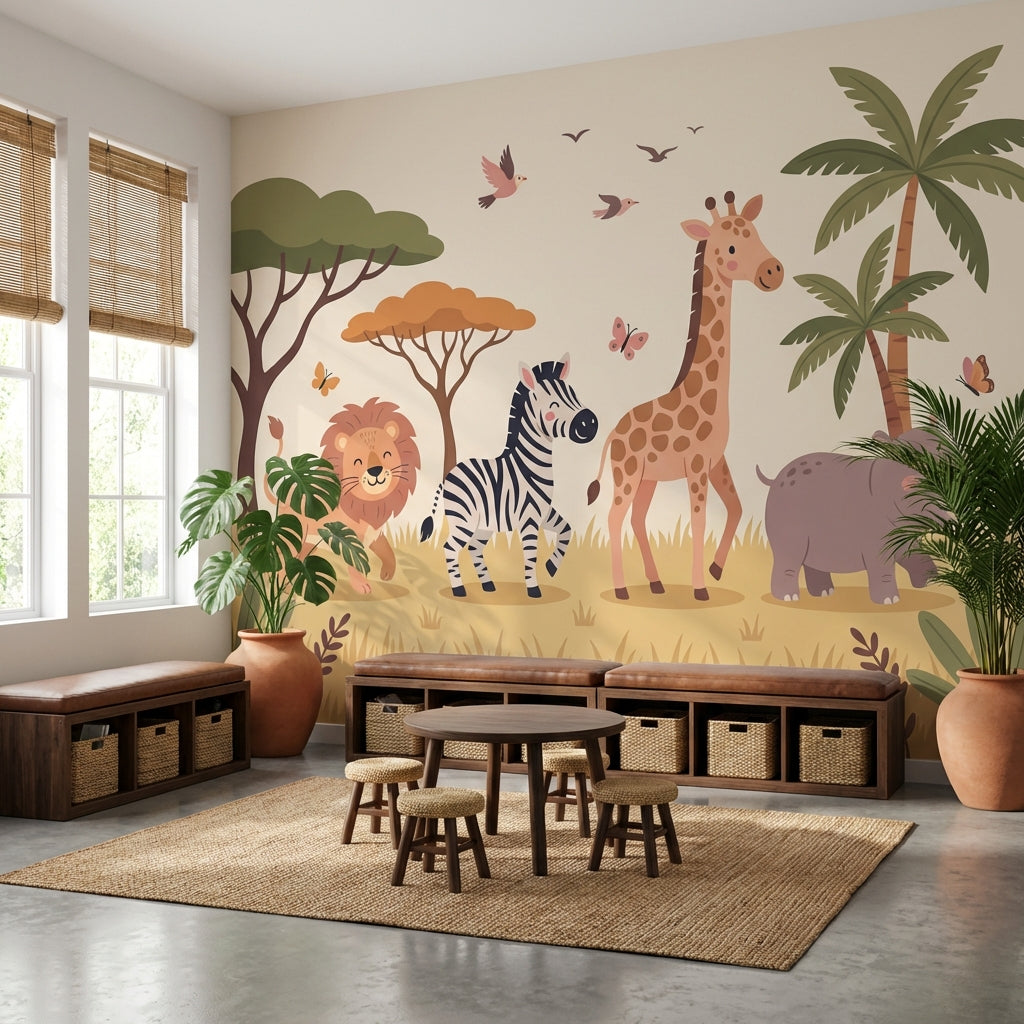 Safari Animals Wallpaper Tropical Cartoon Wall Mural