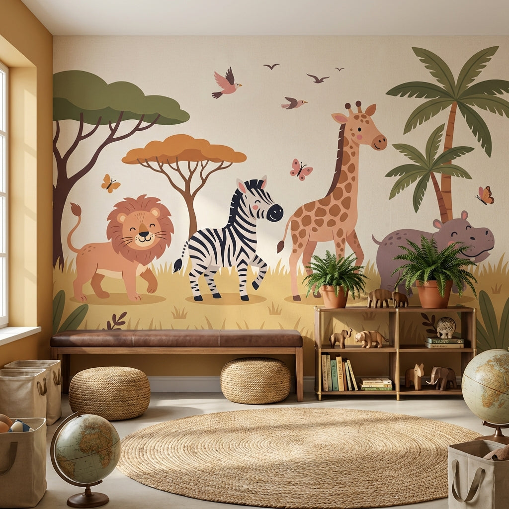 Safari Animals Wallpaper Tropical Cartoon Wall Mural