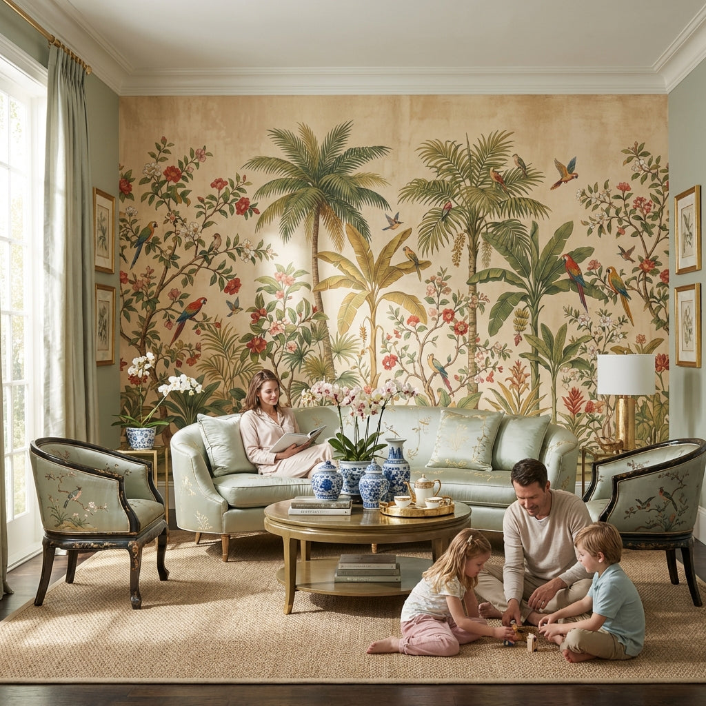 Tropical Birds Wallpaper Palm Trees Vintage Wall Mural