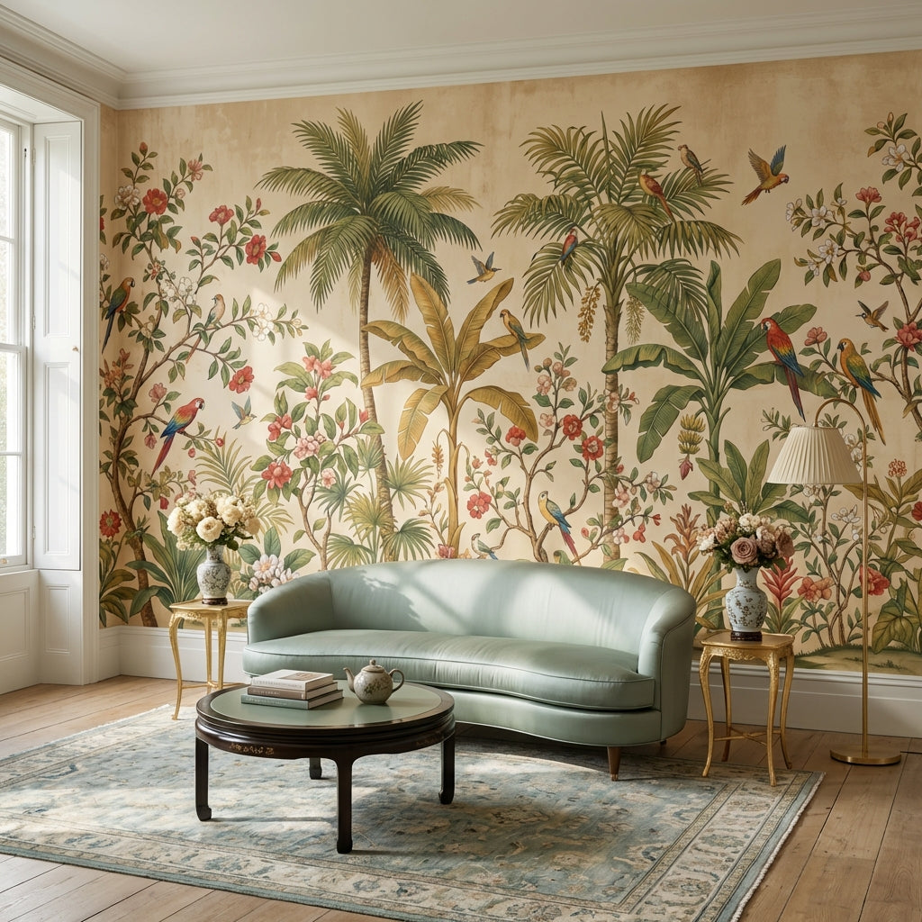 Tropical Birds Wallpaper Palm Trees Vintage Wall Mural