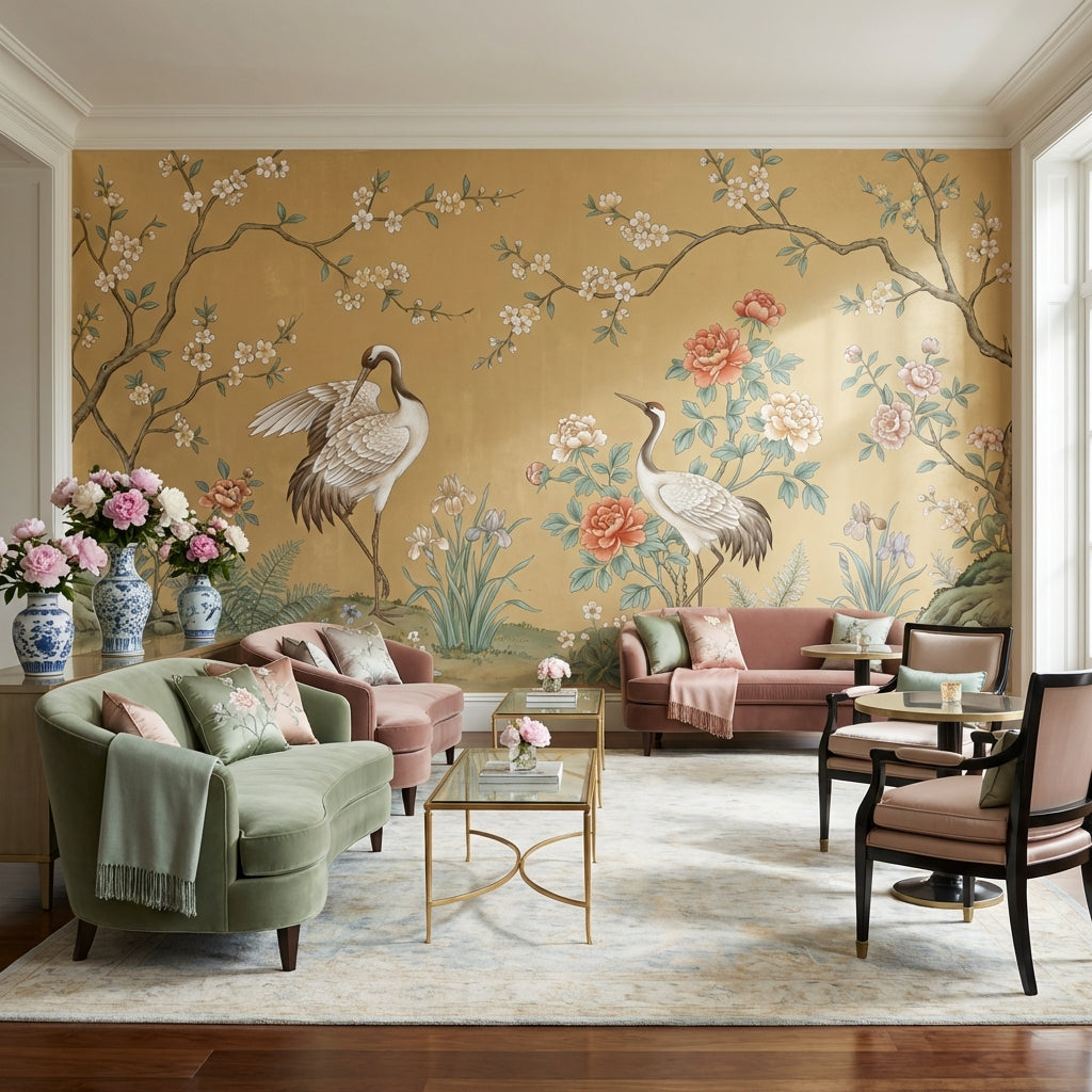 Asian-Inspired Wallpaper Cranes Vintage Wall Mural