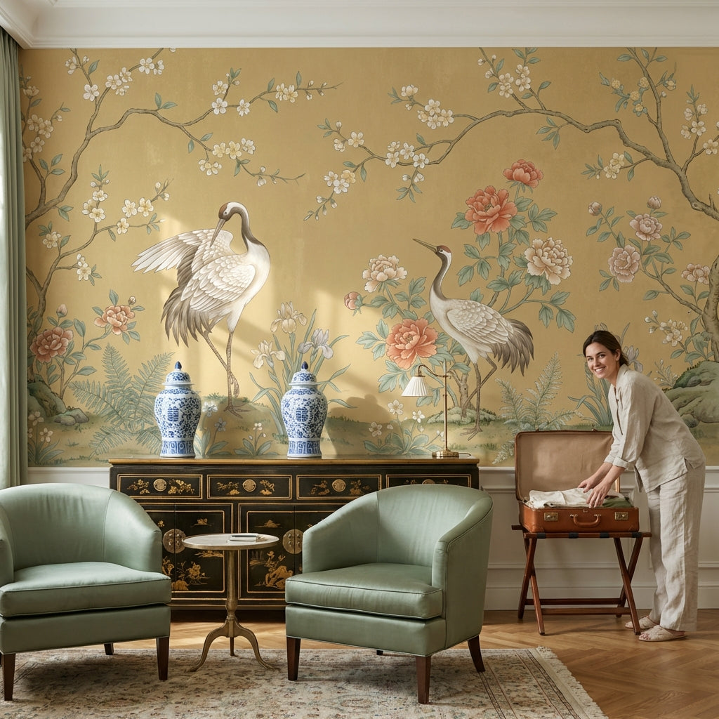 Asian-Inspired Wallpaper Cranes Vintage Wall Mural