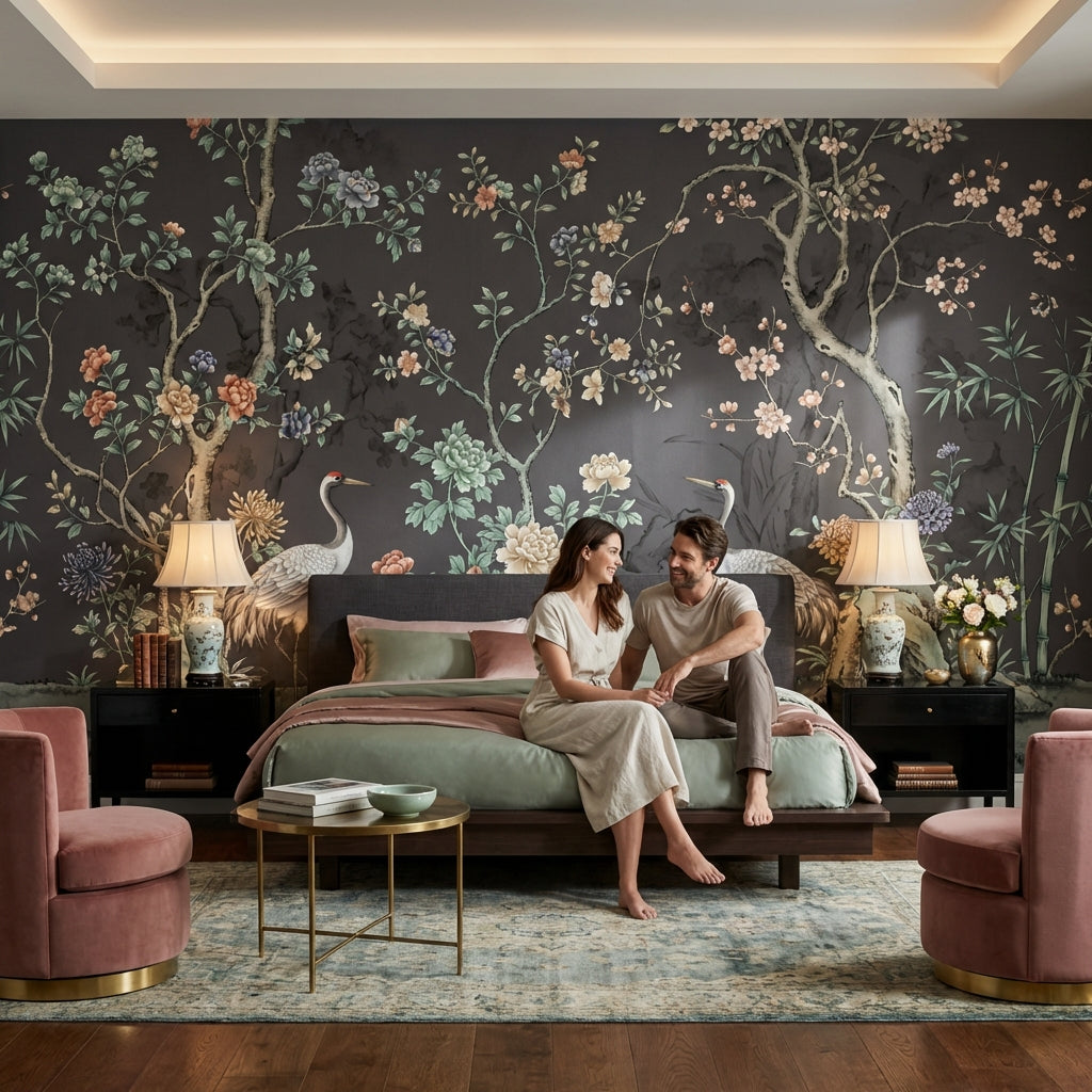 Floral Wallpaper Cranes Oriental Wall Decor