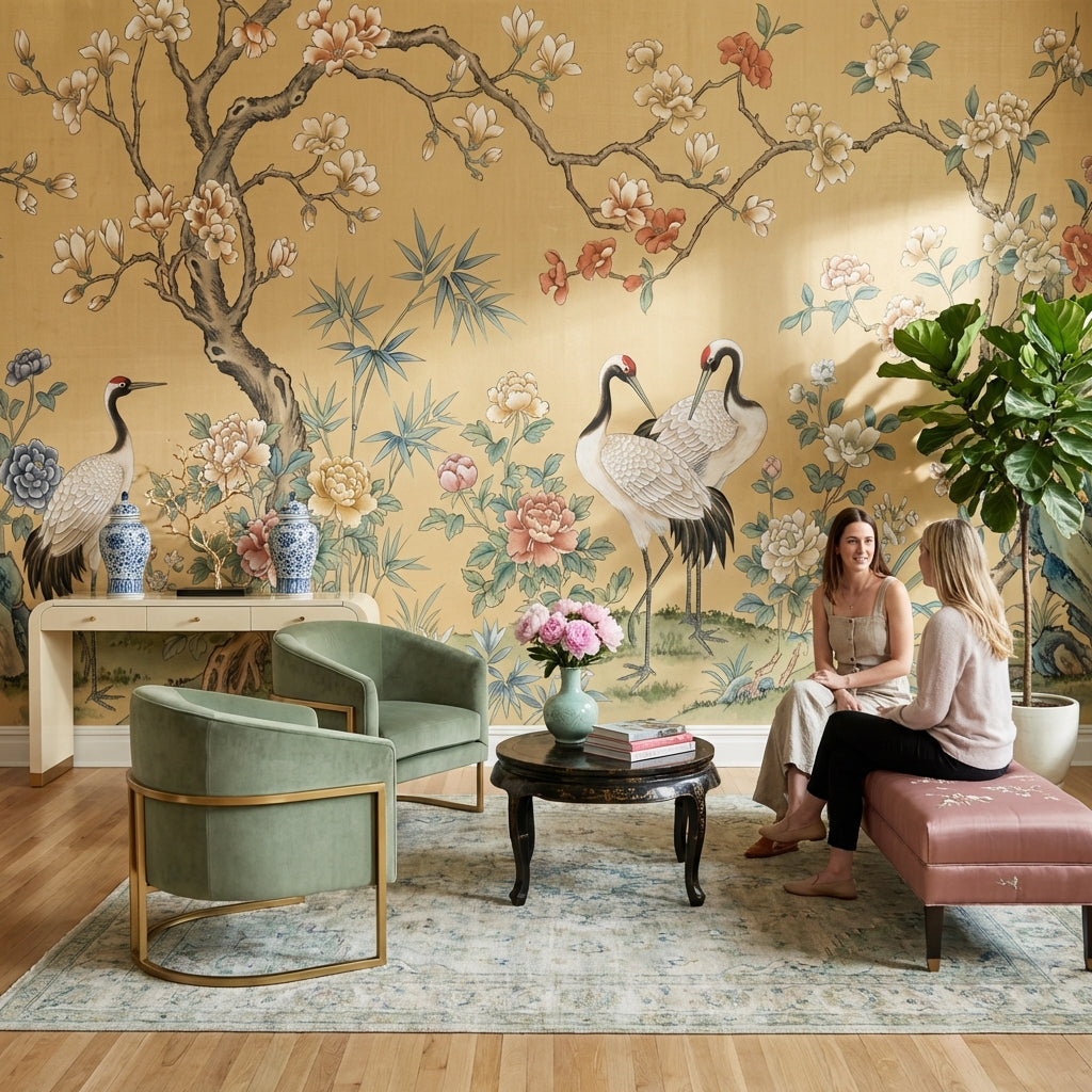 Oriental Wallpaper Cranes Floral Wall Mural