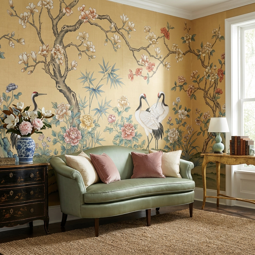 Oriental Wallpaper Cranes Floral Wall Mural