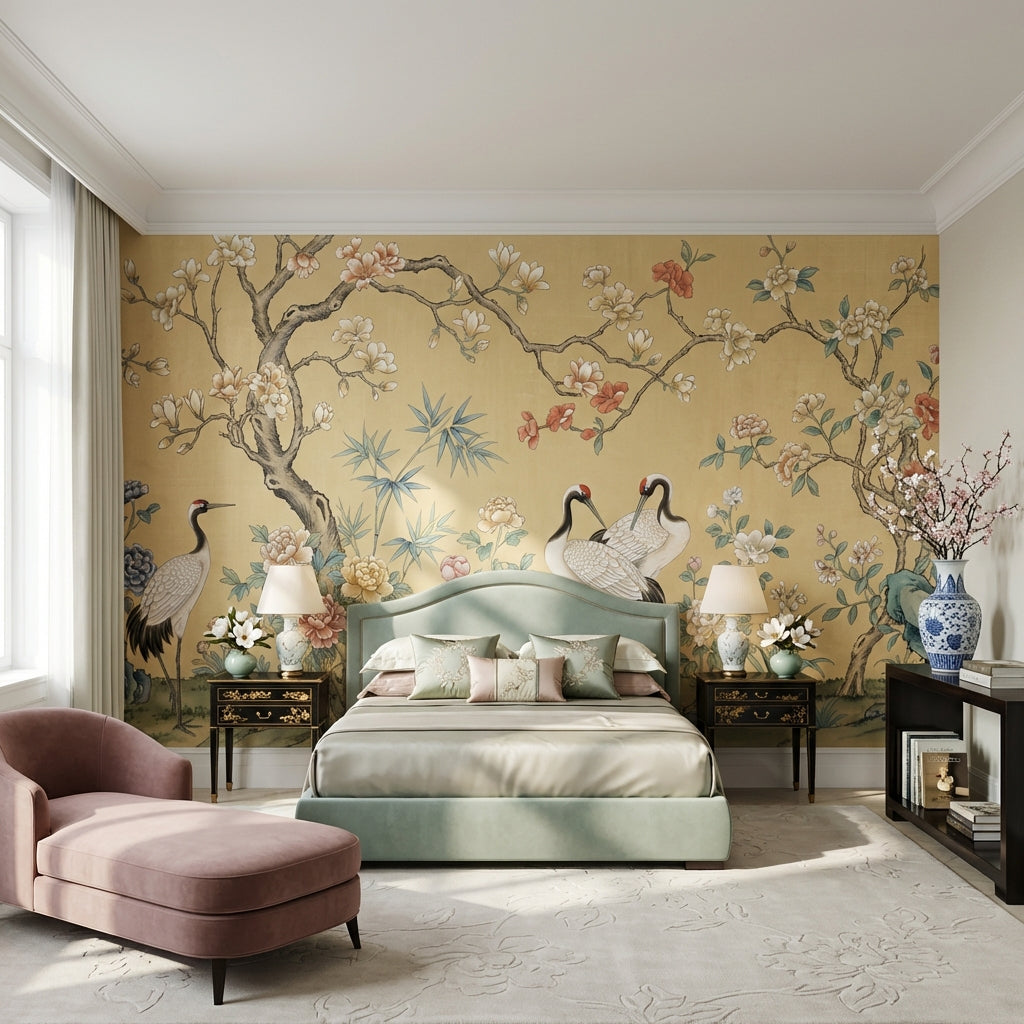Oriental Wallpaper Cranes Floral Wall Mural