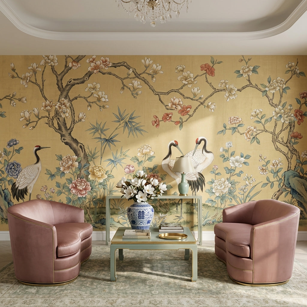 Oriental Wallpaper Cranes Floral Wall Mural