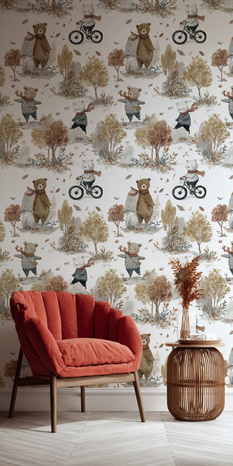 Whimsical Forest Wallpaper Bicycle Bear Decorative Mural