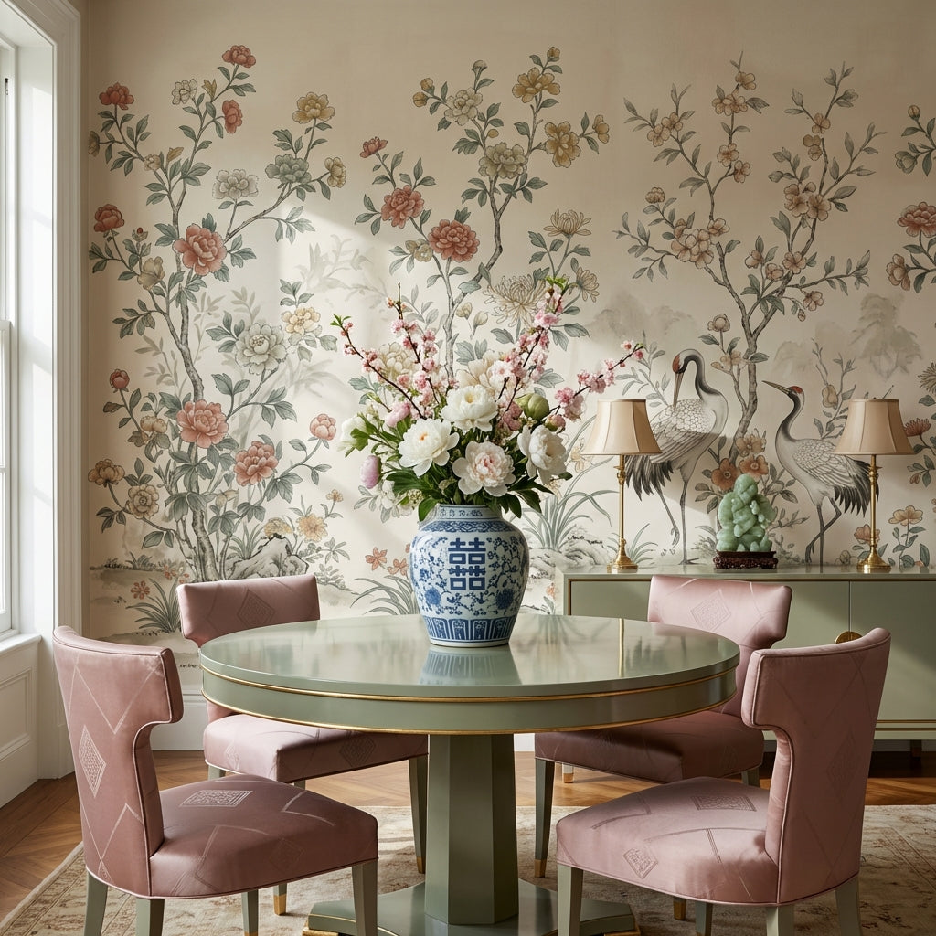 Floral Wallpaper Cranes Oriental Wall Decor