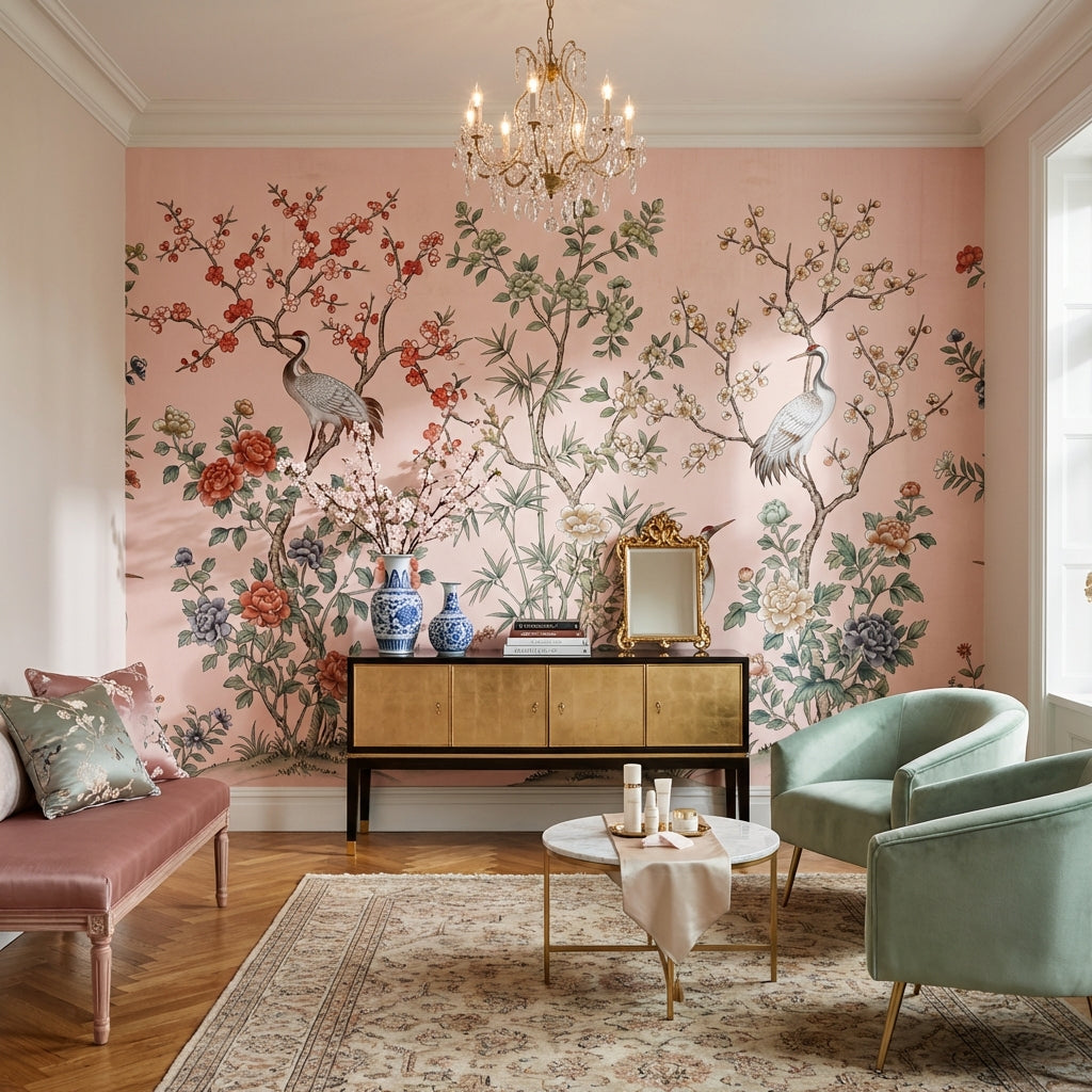 Floral Wallpaper Cranes Oriental Wall Mural