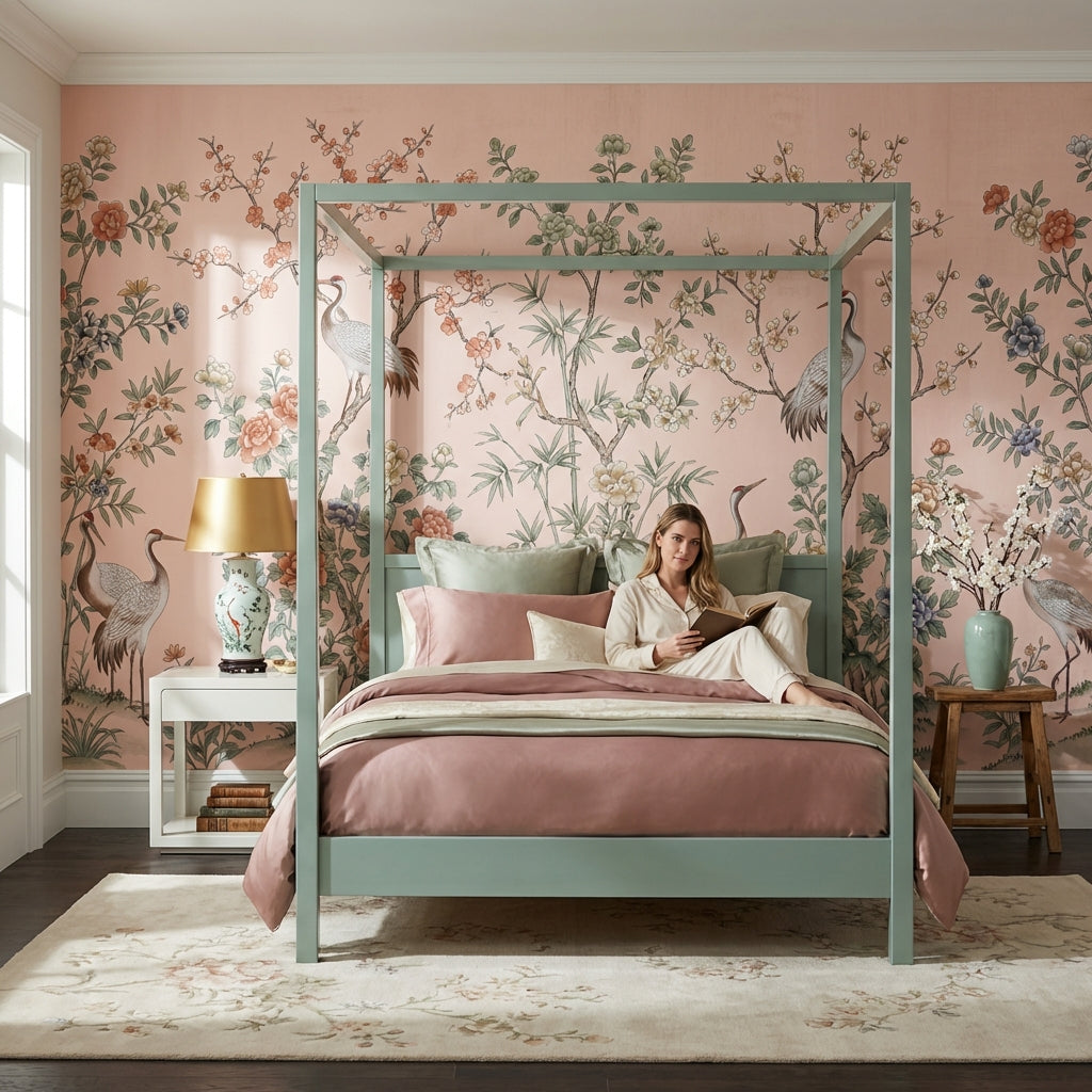 Floral Wallpaper Cranes Oriental Wall Mural