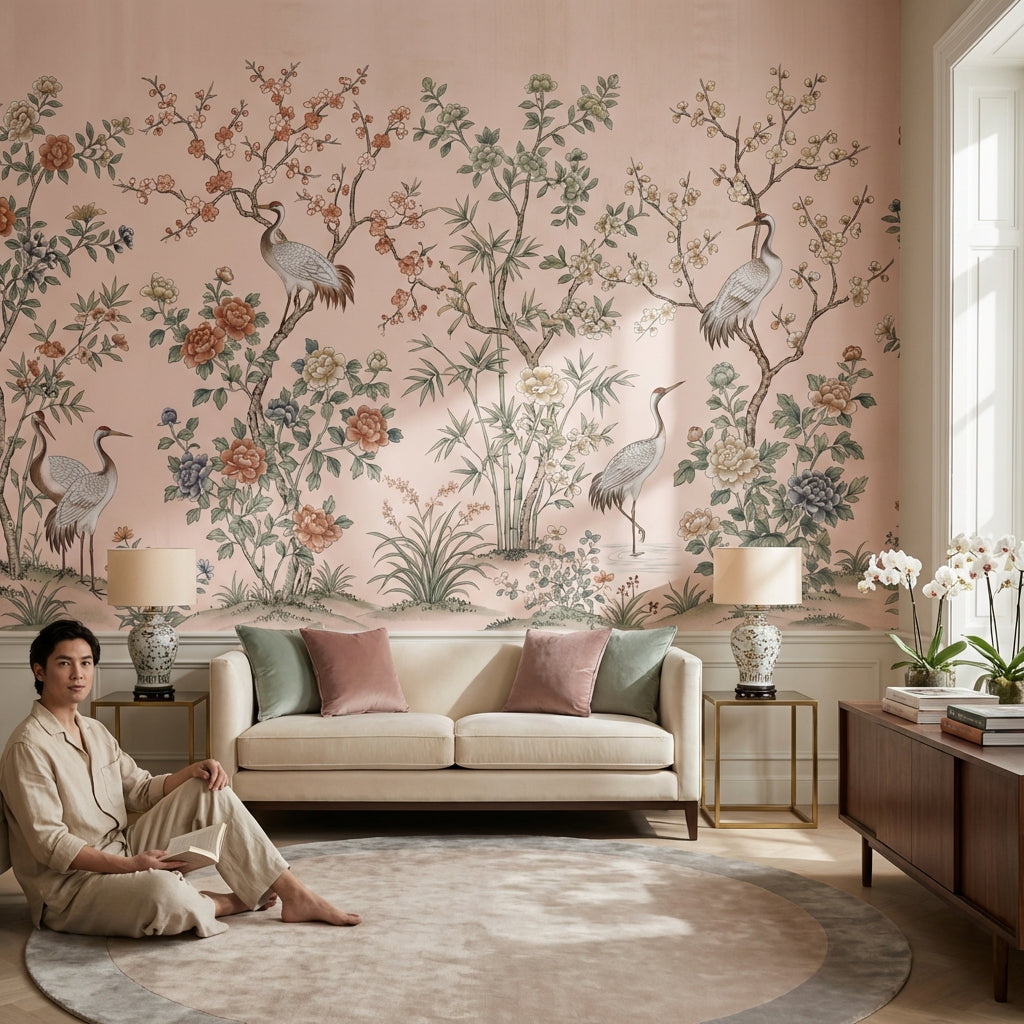 Floral Wallpaper Cranes Oriental Wall Mural