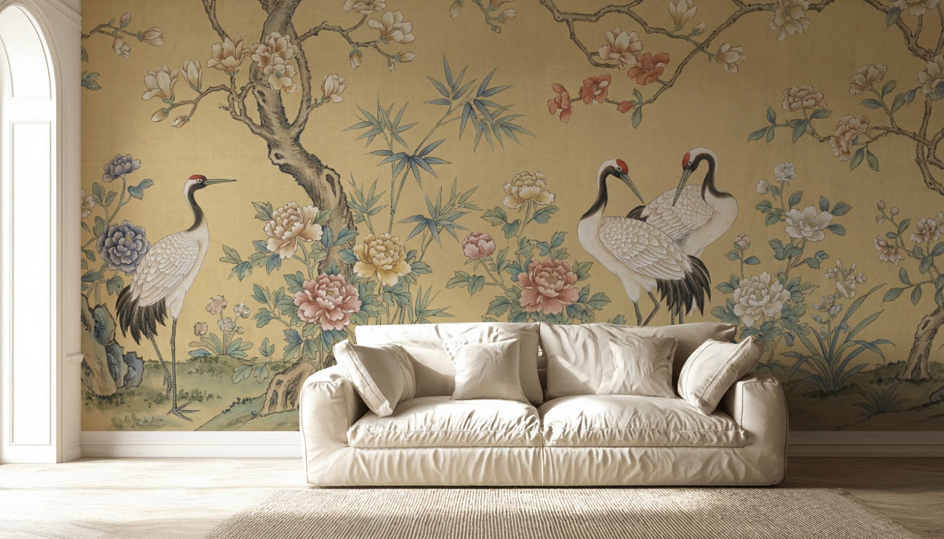 Oriental Wallpaper Cranes Floral Wall Mural